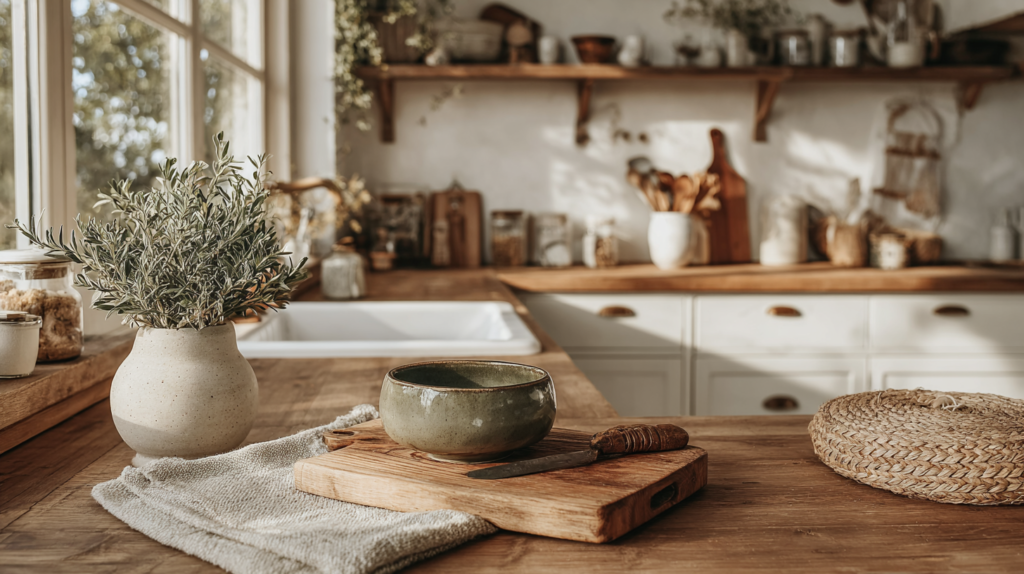 Rustic kitchen with wooden countertops, a green bowl on a cutting board, and potted plant by a sunlit window.