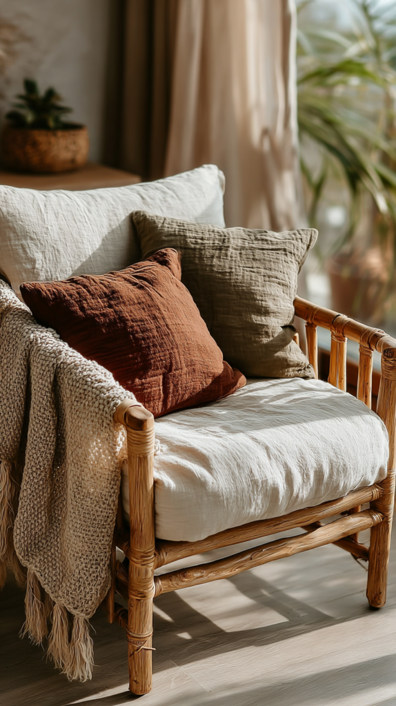 reset-home-for-spring-corner Cozy rattan chair with cushions and throw blanket, surrounded by indoor plants in sunlit room. Ideal for relaxation.