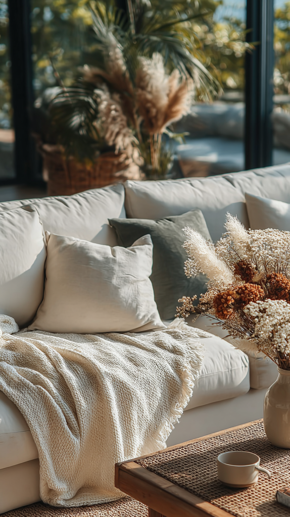 reset-home-for-spring-textiles Cozy living room with white sofa, textured blanket, throw pillows, and rustic decor in bright natural light.
