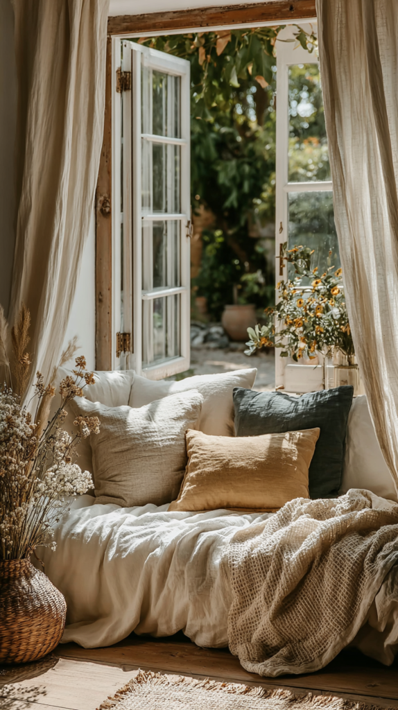 reset-home-for-spring-window Cozy sunlit nook with open windows, soft pillows, and rustic decor, creating a serene, inviting atmosphere.
