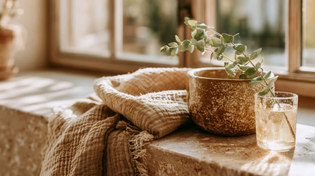 Cozy window scene with a rustic pot of eucalyptus, textured blanket, and sparkling drink in the sunlight.