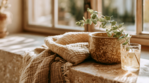 Cozy window scene with a rustic pot of eucalyptus, textured blanket, and sparkling drink in the sunlight.