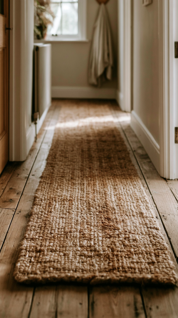 Cozy hallway with a textured jute rug on rustic wooden floorboards, bright natural light from a window.