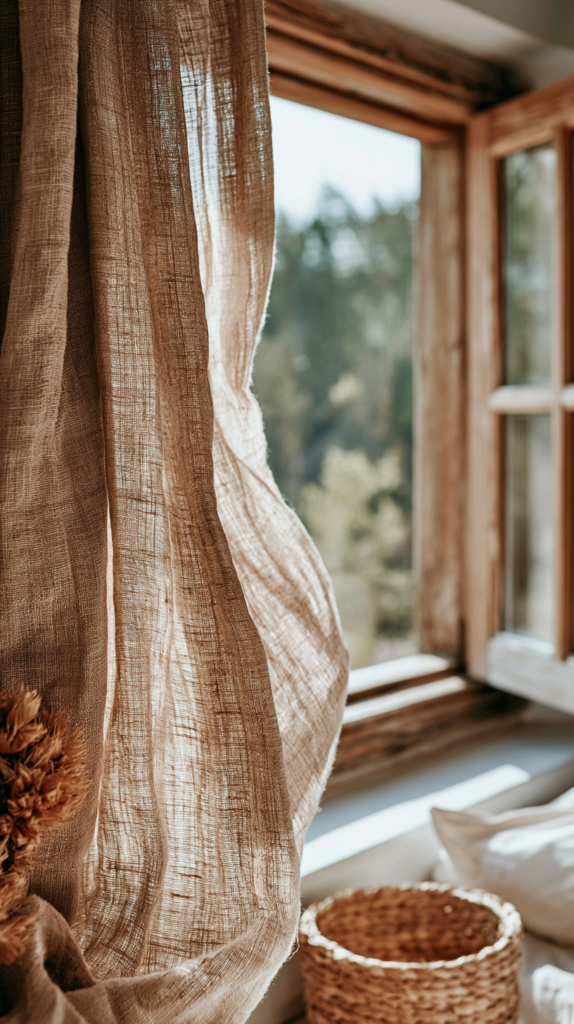 Sheer curtain billowing in sunlight through open window, rustic ambiance with wicker basket and nature view.