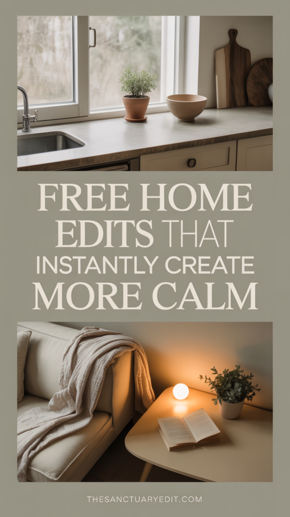 Calm home decor: Minimalist kitchen and cozy living room with neutral tones and soft lighting for relaxation.
