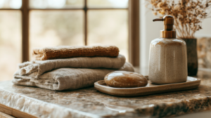 Rustic bathroom decor with linen towels, soap dispenser, and a stone on a marble countertop.