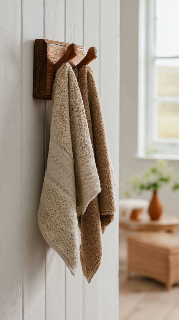 natural-bathroom-swaps-hooks Two plush towels hanging on wooden hooks in a cozy, minimalist bathroom setting.