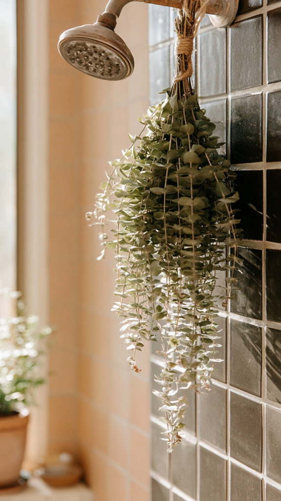 natural-bathroom-swaps-shower Eucalyptus bundle hanging from showerhead, adding a fresh aroma and decor to a tiled bathroom.