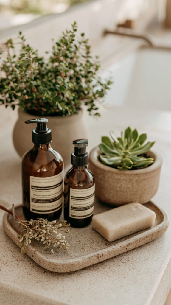 natural-bathroom-swaps-tray Natural skincare products with potted plants on a bathroom counter, evoking a serene, organic spa atmosphere.