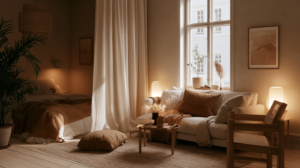 Cozy minimalist living room with natural tones, soft lighting, and stylish decor for a tranquil ambiance.