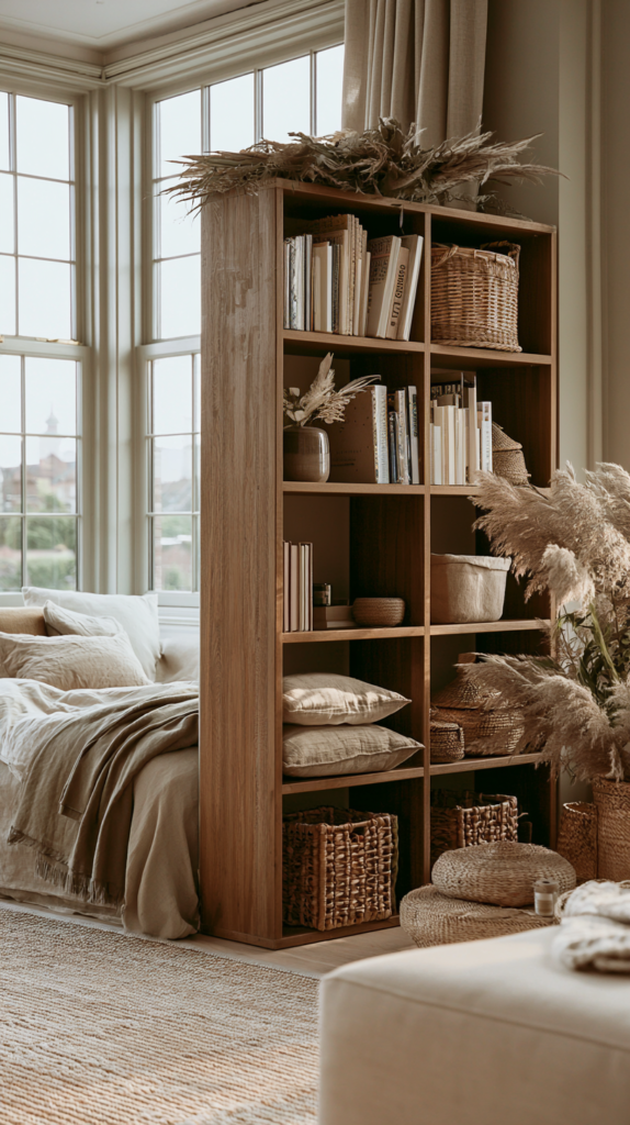 Cozy boho-style living room with bookshelf, decorative baskets, pampas grass, and sunlit bay windows.