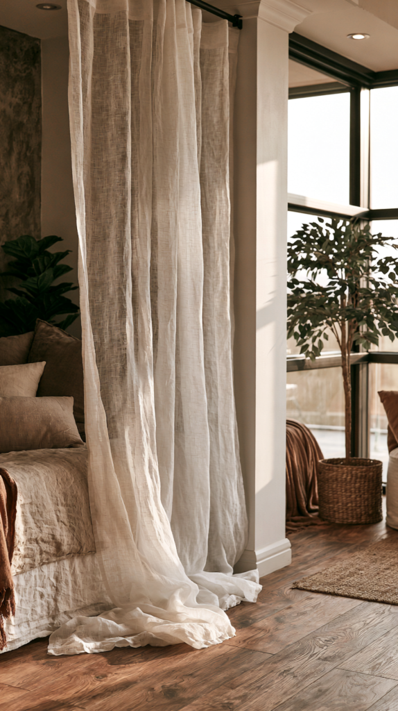 A cozy nook with sheer curtains, sunlight through windows, wooden floors, and soft cushions. Perfect for relaxing.