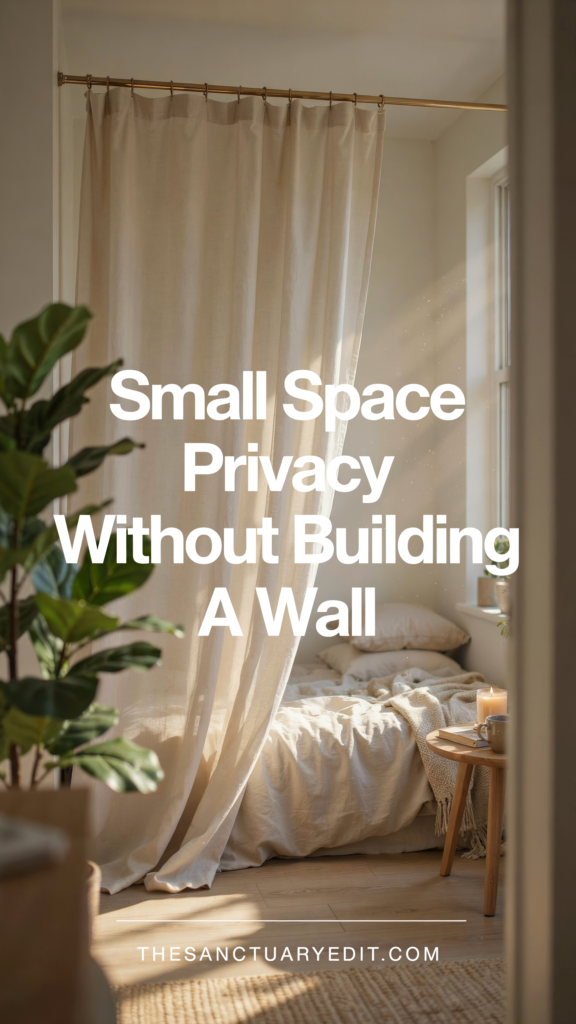 Curtain divider creating privacy in a small bedroom space with cozy bedding and warm lighting.