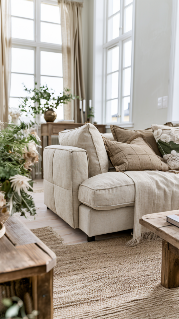 Cozy beige sofa with pillows in a bright, plant-decorated living room, wooden table and large windows.
