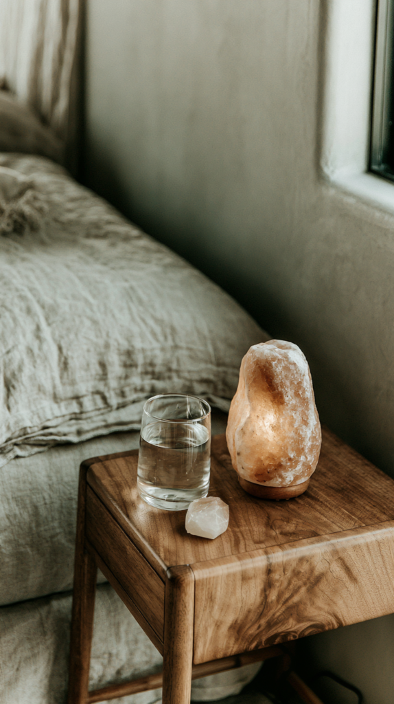 Cozy bedroom scene with a salt lamp, water glass, and crystal on a wooden nightstand. Natural and calming ambiance.