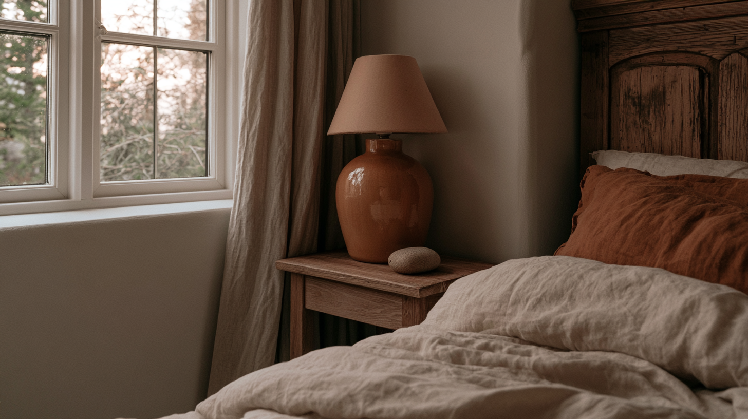 Cozy bedroom with rustic wooden furniture, clay lamp, and earthy-toned bedding next to a bright window.